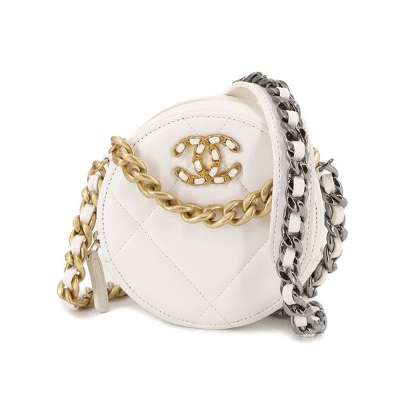 CHANEL 19 Round Clutch Chain Shoulder Bag Leather White AP0945 Purse 90287710 - Picture 1 of 11